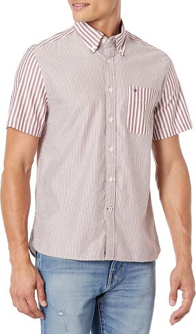 Tommy Hilfiger Men's Essentials Short Sleeve Button Down Shirt in Custom Fit, Rhubarb, LG in Saudi Arabia