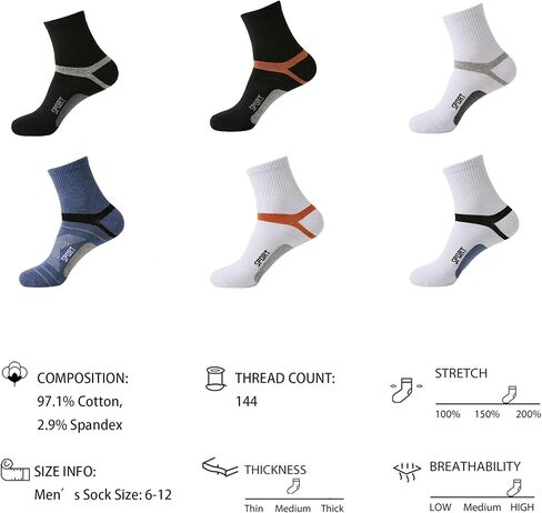 Men's Athletic Ankle Quarter Socks Cushion Sport Casual Running Cotton Sock Crew Socks 6 Pack in Saudi Arabia