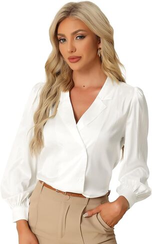 قميص Allegra K Work كاجوال بأزرار سفلية للنساء من الساتان بأكمام طويلة in Saudi Arabia
