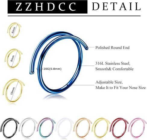 ZZHDCC 36 قطعة حلقات الأنف الملونة الأطواق 316L الفولاذ الجراحي ثقب الغضروف الصغير للنساء والرجال 6 مم 8 مم 10 مم أقراط الشفاه هوب مجوهرات ثقب الأنف 20 جرام مجموعة حلقة الأنف المزدوجة in Kuwait