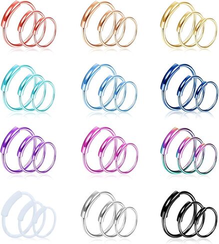 ZZHDCC 36PCS Colorful Nose Rings Hoops 316L Surgical Steel Small Hoop Cartilage Piercing for Women Men 6MM 8MM 10MM Lip Hoop Earrings Nose Piercing Jewelry 20G Double Hoop Nose Ring Set in Saudi Arabia