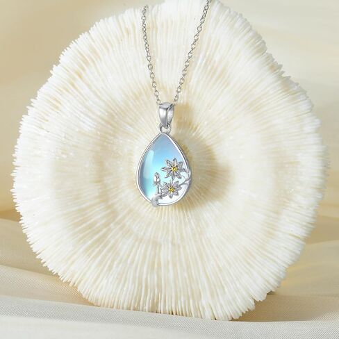 WTENIY Moonstone زهرة قلادة 925 فضة Moonstone زهرة قلادة القلائد زهرة مجوهرات للنساء فتاة زهرة هدايا لمحبي الزهور in Kuwait