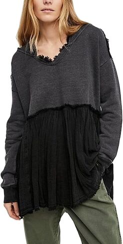 Yuemengxuan المرأة Crewneck البلوز فستان طويل الأكمام البلوز القمم Y2k غير النظامية هيم المتضخم بلوزات البلوفرات in Saudi Arabia
