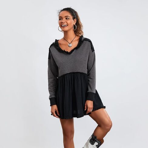 Yuemengxuan المرأة Crewneck البلوز فستان طويل الأكمام البلوز القمم Y2k غير النظامية هيم المتضخم بلوزات البلوفرات in Saudi Arabia