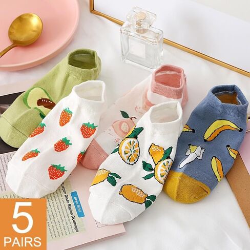 Fruit Embroidered Ankle Lemon,Strawberry,Peach,Banana,Avocado Socks Cute Low Cut Socks for Women, Ladies, Girls, Assorted, 5-9 in Saudi Arabia