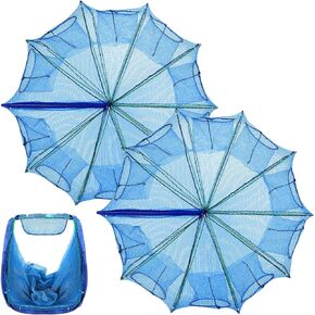 Windyun 2 Pcs Folded Fishing Net 8 Hole 32 x 10'' Fishing Trap Bait Collapsible Octagonal Crab Trap Portable Minnow Trap Easy Use Crab Net Foldable Net Cast Cage for Lobster Crawfish Shrimp, Blue