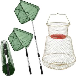 Hollowfly 2 Pcs Steel Wire Fish Basket and Fishing Landing Net with Extension Aluminum Telescoping Pole Includes 1 Portable Fishing Net with Handle 1 Collapsible Wire Fishing Basket for Women Men