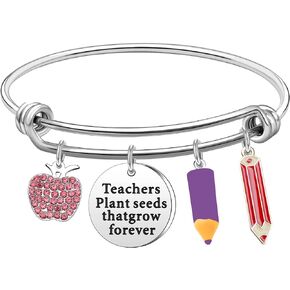 Coagurmes Teacher Appreciation Bangle Gifts For Women,Thank You Silver Pendant Bracelet Expendable Dangle Bangle Set For Women Teacher Birthday Teacher's Day Silver Jewelry