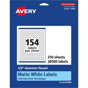 Avery Matte White Round Labels with Sure Feed, 1/2" Diameter, 3,850 Matte White Printable Labels