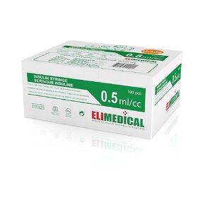 Elimedical Veterinary Insulin Syringe, U-100, 0.5cc (0.5ml), 27g x 1/2 inch (12.7mm), Individually Packed, for Pet Cat or Dog, 100 per Box, 05V2713VB