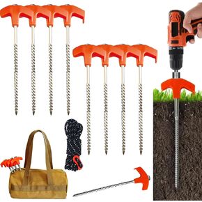 8" Screw in Tent Stakes - Ground Anchors Screw in, Screw in Tent Stakes Heavy Duty, Metal Threaded Tent Spikes, Tent Stakes for Outdoor Camping (12)