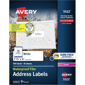 Avery Waterproof Labels with Ultrahold Adhesive, 1-1/3" x 4", Case of 3,500 Labels for Laser Printers (5522)