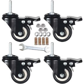 DICASAL 1.5 Inch Metric Stem Casters, M10*30 Stem Diameter 10mm, Length 30mm Heavy Duty Locking Cster 360 Degree Swivel Stem Wheels with Double Brakes Quite PU Rim for Floor Pack of 4