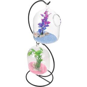BESTOYARD 1 Set Hanging Glass Fish Tank Aquarium with Stand Small Aquarium Fish Bowl Desktop Aquarium Fish Accessories Delicate Betta Tank Betta Aquarium Tank Desk Fish Tank Iron Mini