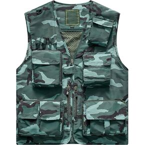 Flygo Men's Casual Outdoor Work Safari Fishing Travel Photo Cargo Vest Jacket Multi Pockets Green Camo L