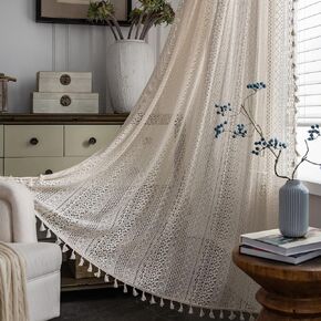 HSOFTIFY Boho Crochet Curtains 2 Panels 63 inch Long, Bohemian Curtains Lace Semi-Sheer Curtains & Drapes, Vintage Tassels Windows Curtains Panels for Bedroom Living Room (59" x 63" Beige)