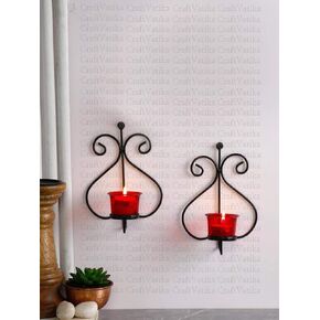 مجموعة CraftVatika مكونة من 2 حامل شموع حائطي حديدي | حامل شموع الشاي الخفيف لغرفة المعيشة المنزلية | هدايا الزفاف والديكور | إضاءة الحائط in Kuwait