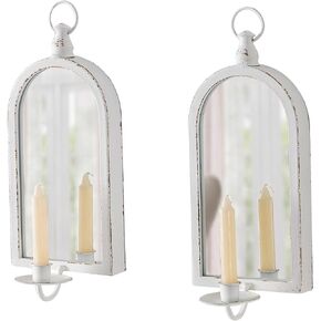 SOFE Mirror Wall Candle Holders, White Taper Candle Sconces Wall Decor Set of 2, Rustic Wall Sconce Farmhouse Wall Hangings Decor for Living Room, Bedroom, Bathroom
