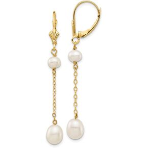 Solid 14k Yellow Gold 5-7mm White Rice Freshwater Cultured Pearl Leverback Earrings
