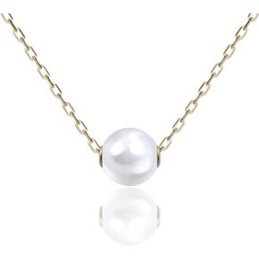 14K Real Gold Pearl Necklace for Women, 8.5mm Freshwater Pearl Pendant with 14K Gold Chain Jewelry Birthday Christmas festival Gift for Wife Mom Girlfriend 16" + 2"