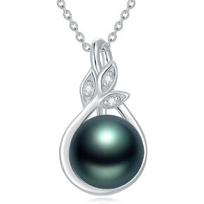 CTIEIP Tahitian Black Pearl Necklace, 9mm AAAA Quality Handpicked Tahitian Black Pearls and1/10cttw Real Diamonds Jewelry Gift in Sterling Silver for Women