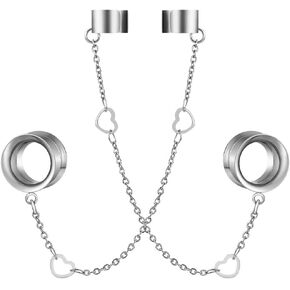 LADEMAYH 2PCS Ear Cuff Chains Plugs Tunnels Gauges Earrings Stainless Steel Non-Piercing Adjustable Cartilage Clip On Wrap Dangle Body Jewelry Silver 10mm=00g