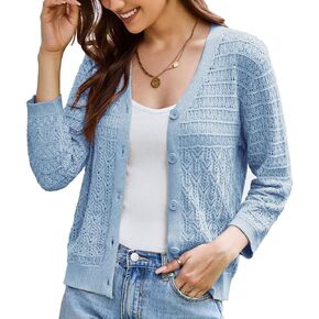 GRACE KARIN 2024 Women's 3/4 Sleeve Crochet Knit Button Down Cardigan Cropped Shrug Bolero Lightweight Sweaters Tops