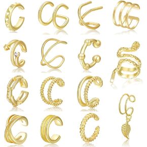 14k Gold Stacked Cartilage Ear Muffs Without Piercing for Women,Rhinestone Gold Silver Cuff Ear Fake Earrings,Irregular Ear Hanging Set Holiday Gift