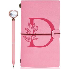 Personalized Journal Gift-Pink Initial Leather Journal+Heart Diamond Pen Set,Travel Notebook Diary Gifts,Refillable Notepads,Christmas,Birthday Gifts for Women Girls (7.9"x4.7") (R)