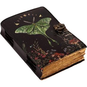 Blank Spell Book of Shadows Journal with Lock Clasp Vintage Handmade Leather Luna Moths and Morpho Butterfly Print Diary Prayer Pagan Witchcraft Supplies Wiccan Decor Notebook Daily (7X5 inch)