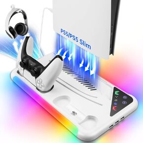 TECTINTER for PS5 Slim/PS5 Stand and Cooling Station,3-Level Cooling Station and 8 RGB LED with Charger for PS5&Edge Controller,PS5 Cooling station Design for PS5 Slim Disc&Digital /PS5 Disc & Digital