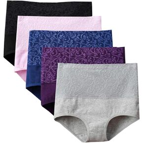 Lashapear Womens High Waist Underwear Solid Color Tummy Control Cotton Brief Panties 3/5 Pack