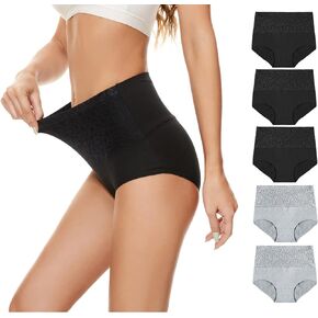 Lashapear Womens High Waist Underwear Solid Color Tummy Control Cotton Brief Panties 3/5 Pack
