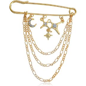 Gold Crystal Star Moon Safety Chain Tassel Brooch Pins for Women,Star Brooch Pins Sweater Shawl Clips Collar Brooch Tassel Chain Men's Suit Label