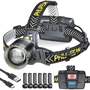 PHLIPESAM 150000LM 50W Headlamp & 60H Standby Battery Time, Head lamp with Motion Sensor Zoomable Function, 90°Angle Adjustable Head Light & Widened Headband for Hiking Hunting Camping Hardhat