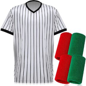 Cutecrop Wrestling Referee Shirt and Wrestling Wrist Bands Set 1 Pcs Official Performance Ref Jersey Uniform Referee Costume with Black Pinstripes 4 Pcs Red and Green Wrestling Arm Bands for Match