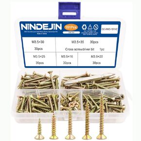 NINDEJIN Flat Head Wood Screws Assortment Kit, Phillips Drive Self Tapping Screws, M3.5 Small Wood Screws, Finish with Yellow Zinc Plated, 151pcs Self-Tapping Screws Set with 1pcs Phillips Screw Bit