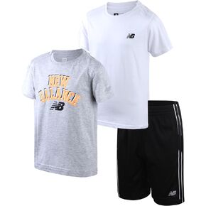 New Balance Boys' Active Shorts Set - 3 Piece Short Sleeve T-Shirt and Performance Shorts - Summer Outfit for Boys (4-12)
