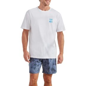 CARIBBEAN JOE Men's Sleep Set, Tropical Fronds Shorts and Blue Crew Neck T-Shirt Pajamas, Lightweight Novelty Pjs