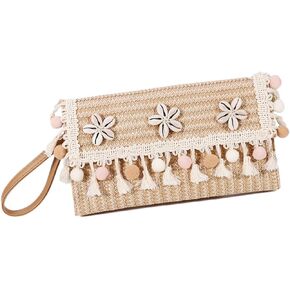 Clutch Purses for Women, Straw Beach Bag, Double Layer Envelope Package, Bohemian shell and tassel lace Summer Handbags for Vacation, Travel
