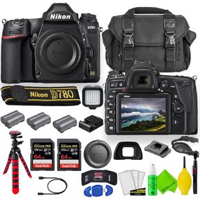 Nikon D780 DSLR Camera (Body Only) 1618 with 2 Extra Batteries + Large Case + 2 Sandisk Extreme Pro 64GB Card + LED Light + 12" Flex Tripod + Lens Cleaning Set + More (Renewed)