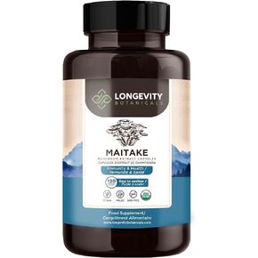 Longevity Botanicals Organic Maitake Mushroom Capsules - Ultra Concentrated Maitake Supplement Promotes a Balanced Immune System - 100% Fruiting Body - 120 Capsules