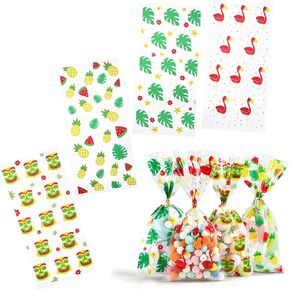 Kesote 100 Pieces Hawaiian Tropical Cellophane Treat Bags, Clear Pineapple Flamingo Goodie Candy Snack Bags Bulk with Twist Ties for Hawaiian Tropical Luau Summer Tiki Bar Party Favor Supplies