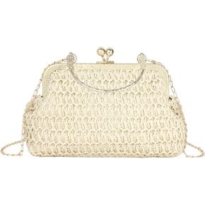 Women Mini Straw Woven Clutch Handbag Metal Top-handle Bag Cross-body Bag with Chain Strap