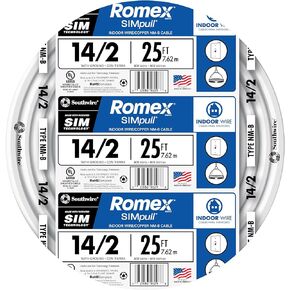 Southwire Romex Brand Simpull Solid Indoor 14/2 W / G كابل NMB ملف 25 قدم - SW # 28827421