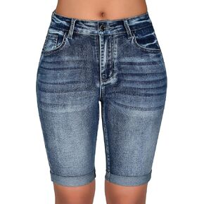 roswear Women's Mid Rise Bermuda Shorts Stretchy Jean Shorts Long Rolled Hem Denim Shorts