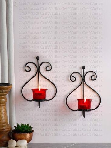 CraftVatika Set of 2 Iron Wall Candle Holder Sconces | Tea Light Candle Holder for Home Living Room | Wedding Gifts & Decor | Wall Lighting in Kuwait