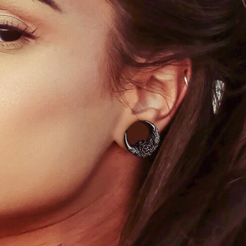 LADEMAYH 2Pcs Elegant Rose 0g Plugs Gauges for Women, Black Size 0 Gauge Plugs Gauges for Ears, 0 Gauge Earrings Surgical Steel 0g Ear Tunnels Saddle Gauges in Kuwait