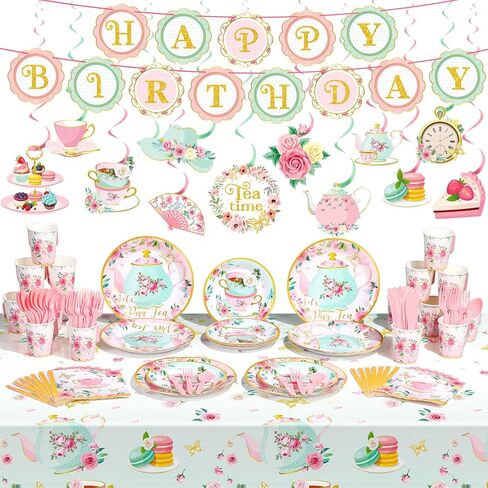 Havawish 140 Pcs Floral Tea Party Birthday Decorations Girls Floral Tea Party Paper Plates Napkins Tea Cups Tableware Set Tea Birthday Banner Tablecloths Hanging Swirls for Teapot Shower Supplies in Saudi Arabia