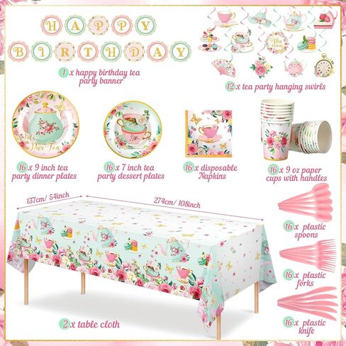 Havawish 140 Pcs Floral Tea Party Birthday Decorations Girls Floral Tea Party Paper Plates Napkins Tea Cups Tableware Set Tea Birthday Banner Tablecloths Hanging Swirls for Teapot Shower Supplies in Saudi Arabia